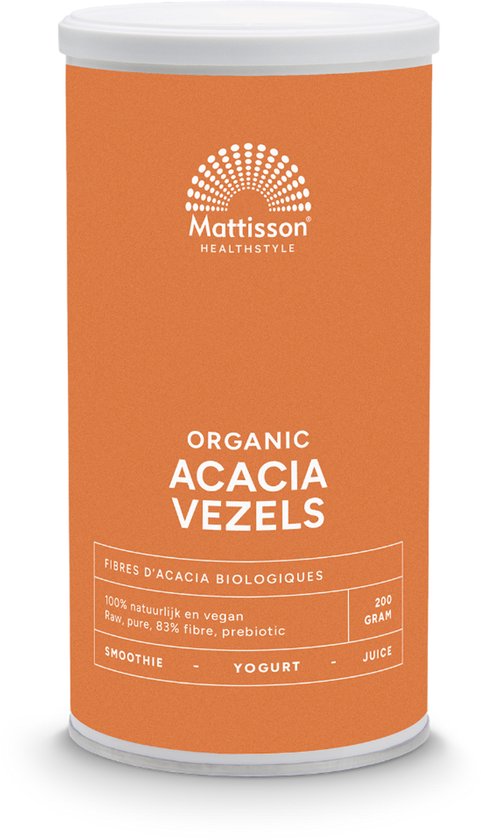 Oranje bus Mattisson Organic Acacia Vezels, met 200 gram. Tekst op de bus: 'ORGANIC ACACIA VEZELS'.