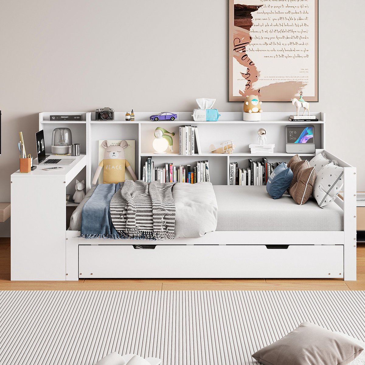 VVBV Slaapbank 1 Persoons 90x200 – met Uitschuifbed, Bureau, Opbergvakken en Stopcontact – Massief Hout – Wit – Multifunctioneel – Bed 90x200 White