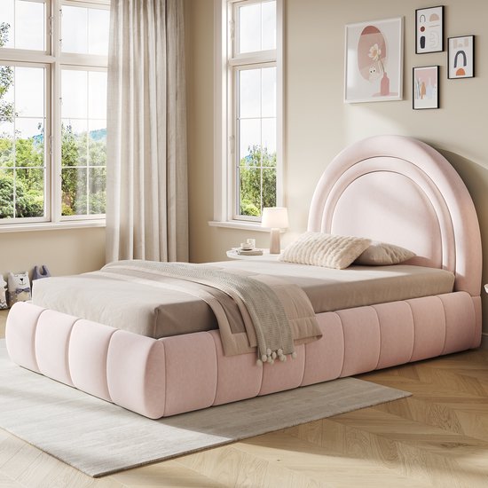 OKWISH Kinderbed 90x200 cm - Gestoffeerd Bed Met Hydraulische Opbergruimte - Met Lattenbodem - Zonder Matras - Fluweel - Roze