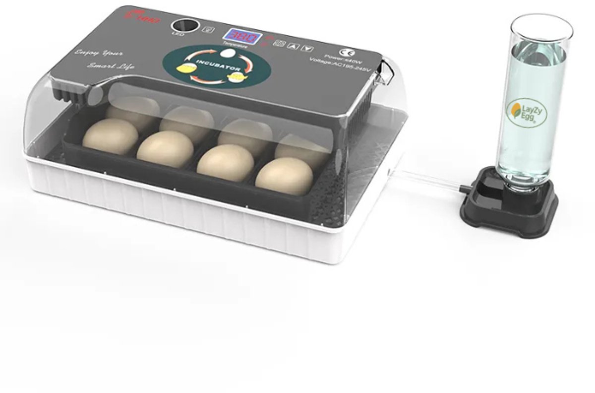 LayZyEgg® Easy 12 Volautomatische Broedmachine – Voor 12 Kippeneieren of 35 Kwarteleieren – Automatisch Keersysteem – LED Schouwlamp – Digitaal Display – Externe Watertoevoer – Incubator voor Kip, Kwartel, Eend & Duif