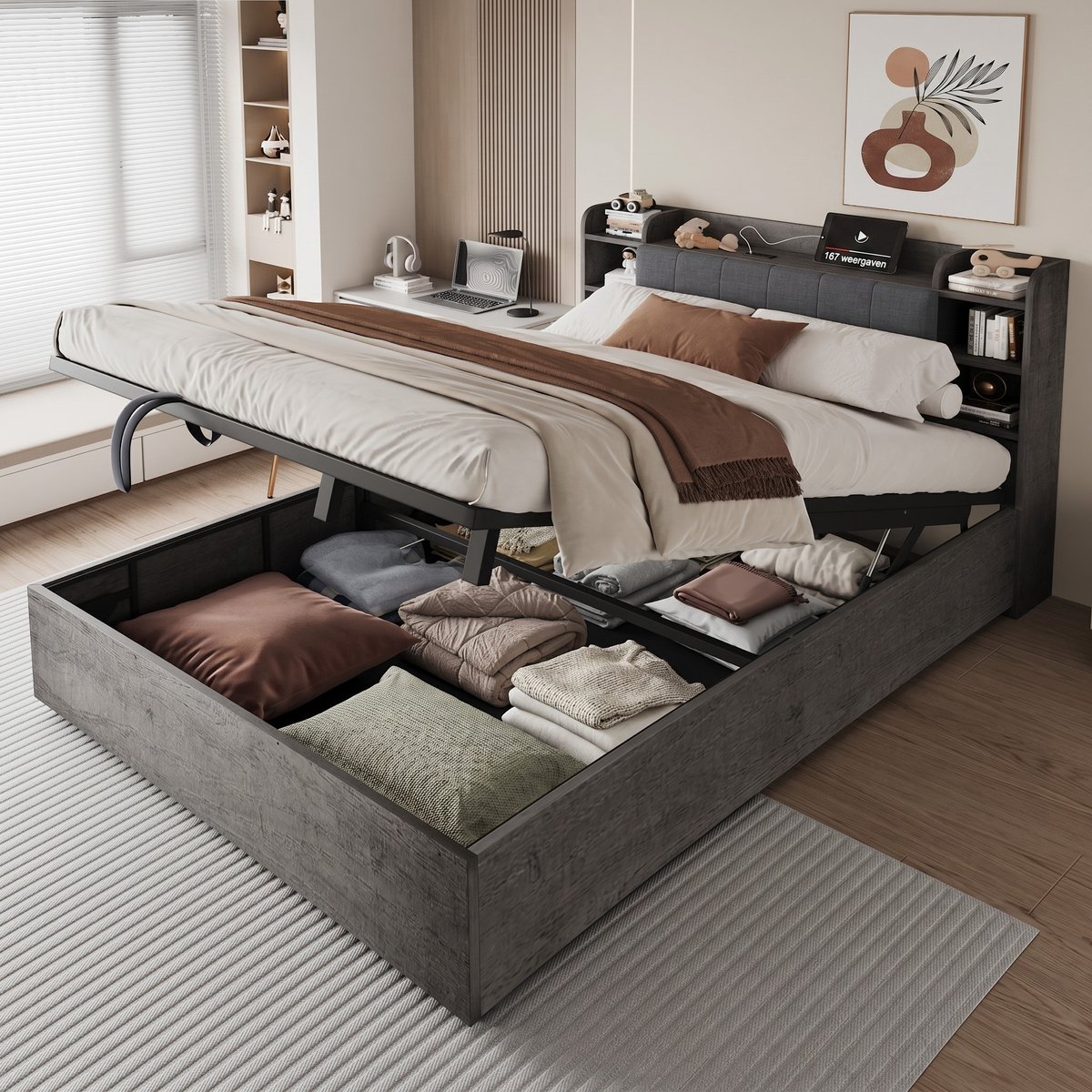 VVBV Bed met opbergruimte 180x200 / Tweepersoonsbed 180x200 – met Hydraulische Opbergruimte, USB, Stopcontact – Hoofdbord – MDF – Grijs – Zonder Matras Gray