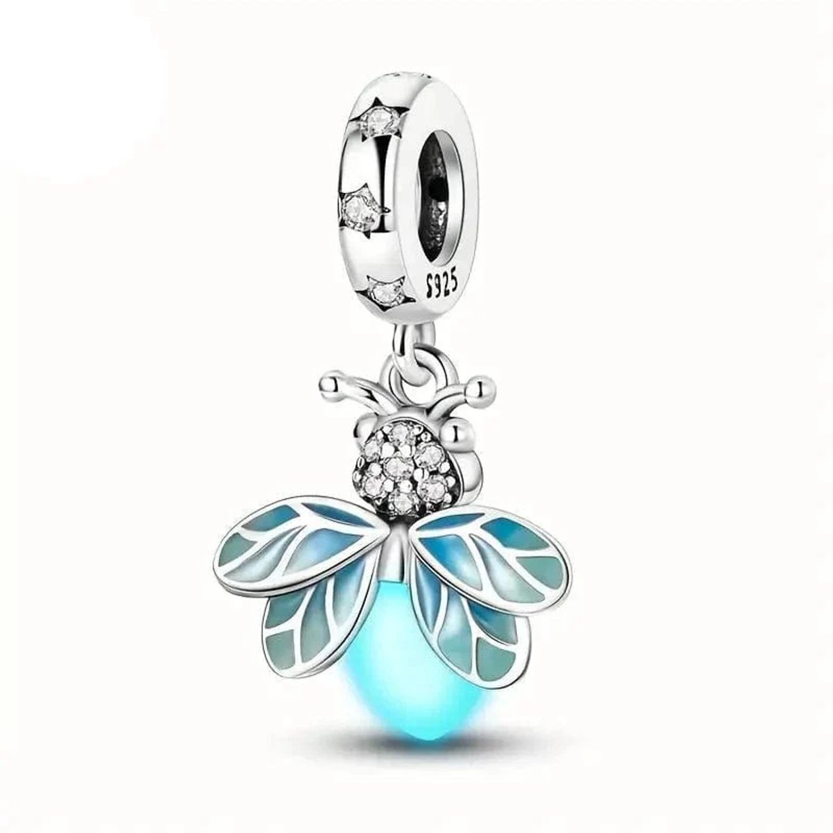 Fler® | Bedel | Past op populaire bedelarmbanden (standaard - 3mm) | Glow in the Dark Vuurvlieg Bedel | Hangbedel Charm | 925 sterling zilver | Transparante zirkonia | Blauwe emaille | Valentijnsdag Cadeau | Sinterklaas kado | Kerstcadeau