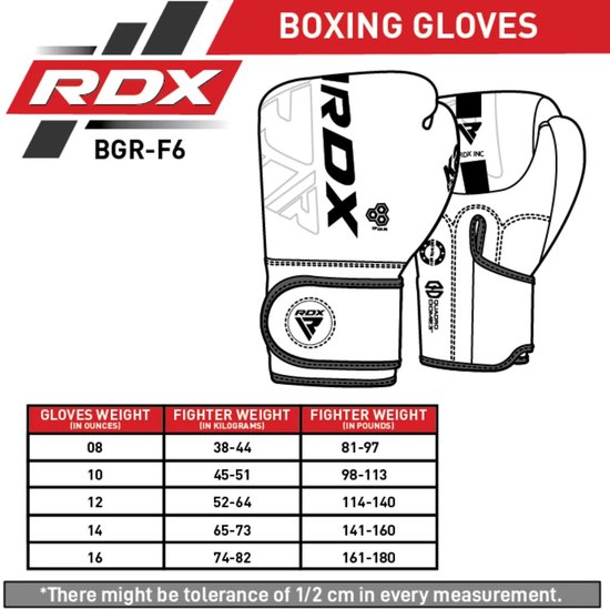 Illustratie van zwarte bokshandschoenen met rode RDX-opdruk en een maattabel.