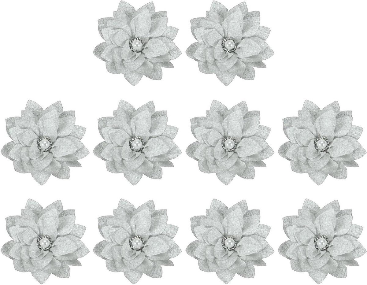 Stoffen Broches Bloemen - Bloemen Applicaties - DIY Knutselen - Met Parel Versierd - 10 stuks - Grijs