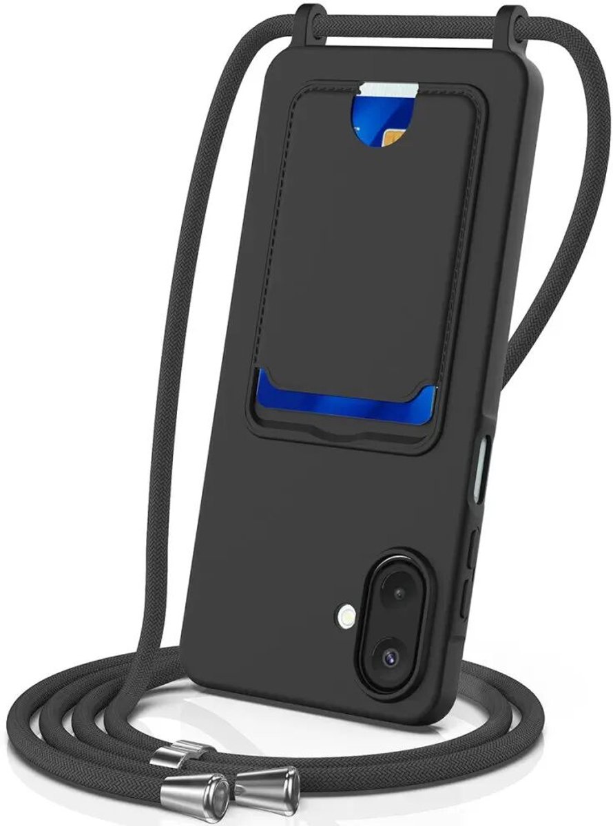 Hoesje met Koord en Pasjeshouder Geschikt voor Samsung Galaxy A07 | Back Cover met Crossbody Koord en Kaarthouder | Ideaal voor Festival/Vakantie | Siliconen | Zwart