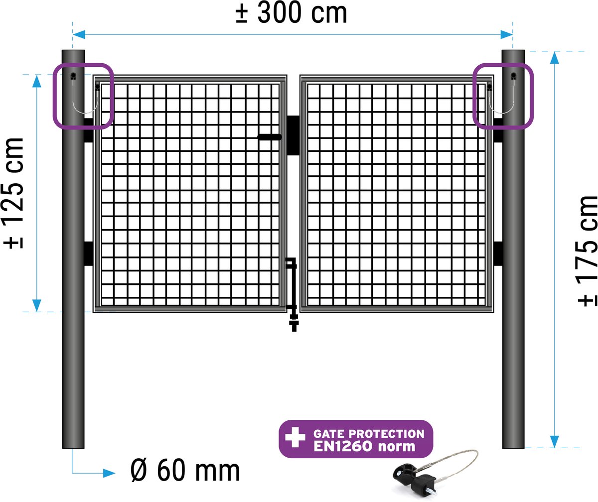 Dubbele poort 125 cm (hoogte) 2 vleugels van 150cm (lengte) RAL 7016 antraciet