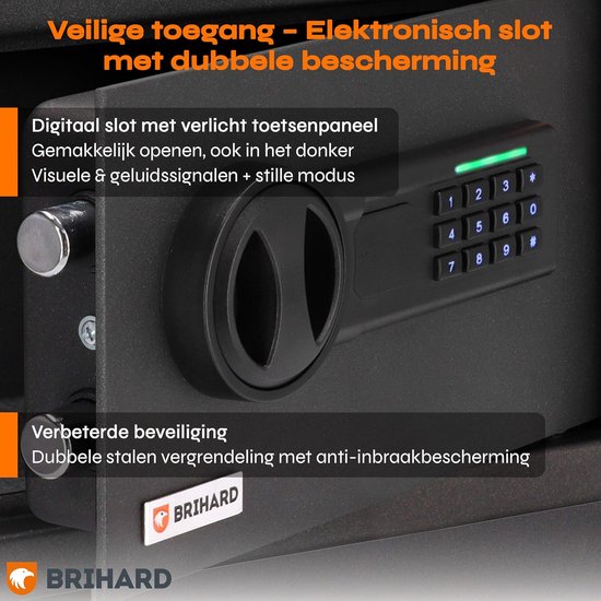 Gedetailleerde close-up van het digitale slot van de zwarte kluis, met verlicht toetsenpaneel en tekst 'Veilige toegang - Elektronisch slot met dubbele bescherming'.