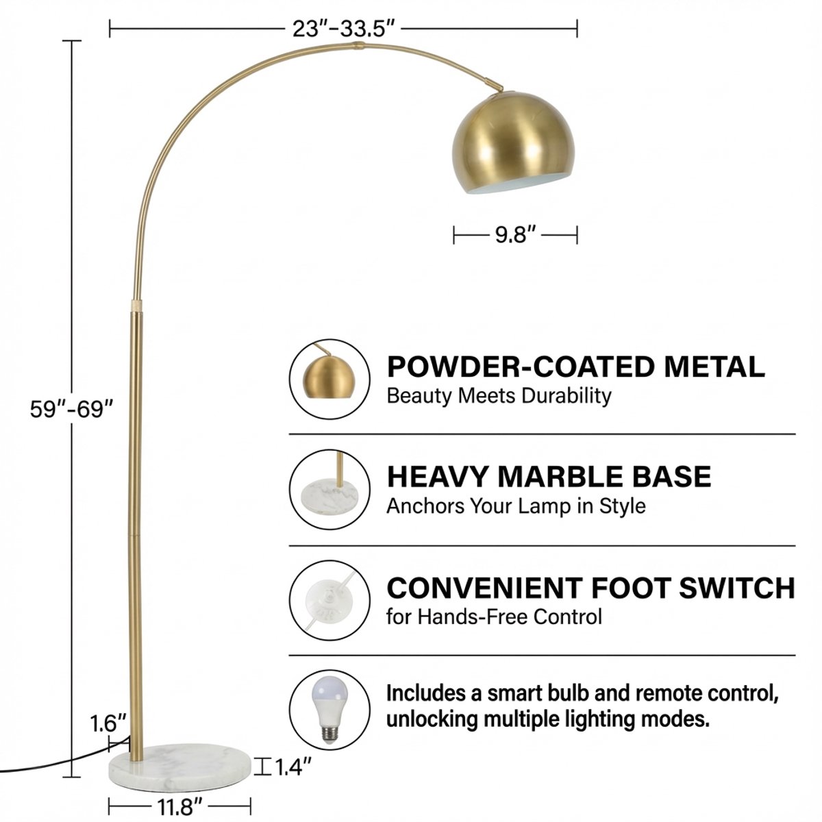 Rosnek Luxe Booglamp - Woonkamer Staande Lamp - Dimbare LED Vloerlamp - Afstandsbediening - Verstelbare Hoogte 150-175 cm - 360° Draaibare Lampenkap - Marmeren Voet - Leeslamp voor Slaapkamer en Kantoor - Goud thumbnail 6