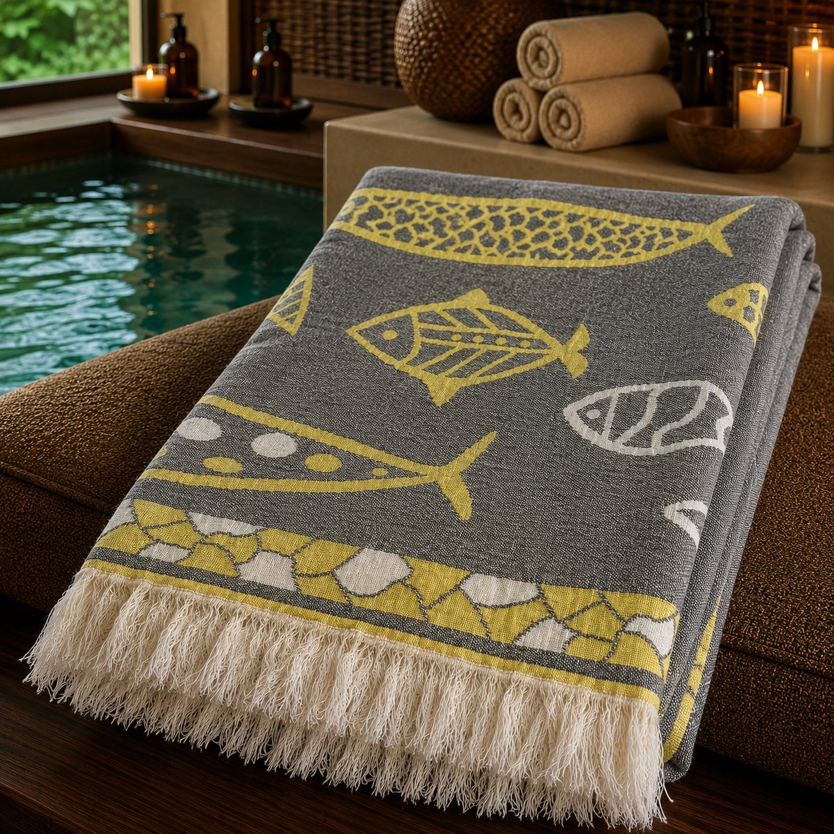Jacquard Strandlaken Peshtemal 100x180 cm – Dubbelzijdig Design met Twee Kleuren – Geverfd Garen – 100% Natuurlijk Katoen – Lichtgewicht, Sneldrogend & Zandvrij – Ideaal voor Strand, Sauna en Reizen