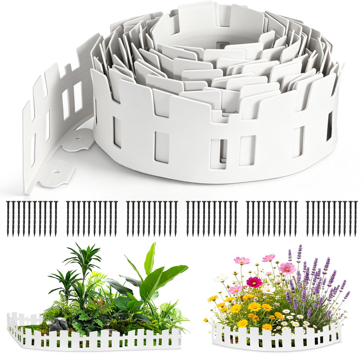 Lemlit Flexibele Tuinafscheiding 10 m - Kunststof Graskant 11,8 cm met 60 Grondpennen - Border Rand voor Gazon Bloembed Tuin en Terras - Wit