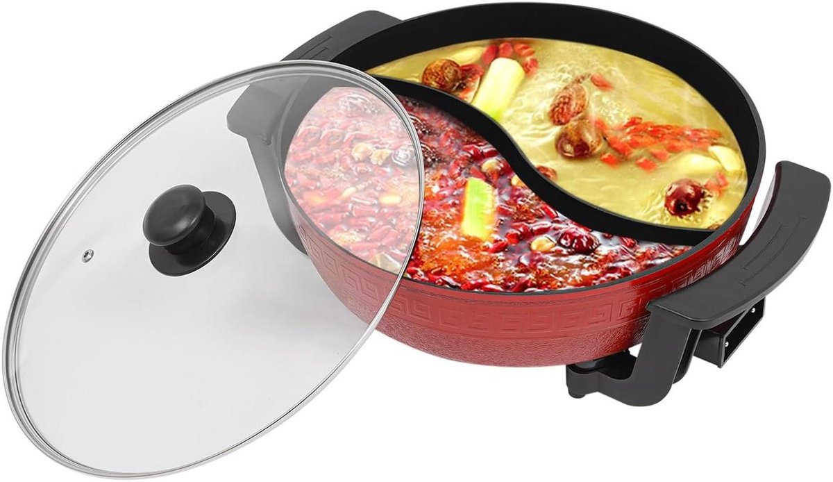 Elektrische Kookpan Hotpot Fondue Gezellig Eten Dubbelzijdig Koken 6 Liter Inhoud Rood Zwart