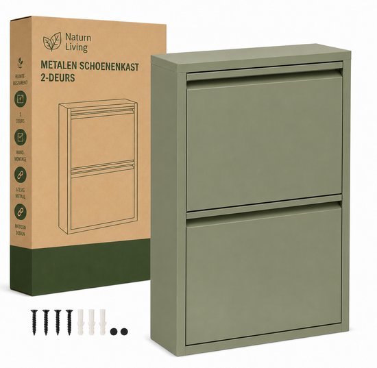 Metalen Schoenenkast 2-Deurs Mat Olijf-Groen – Smalle Schoenenkast 50 x 15 x 71 cm – Ruimtebesparend Schoenenrek & Opbergsysteem – Moderne Hal Schoenenopberger – Olijf Groen