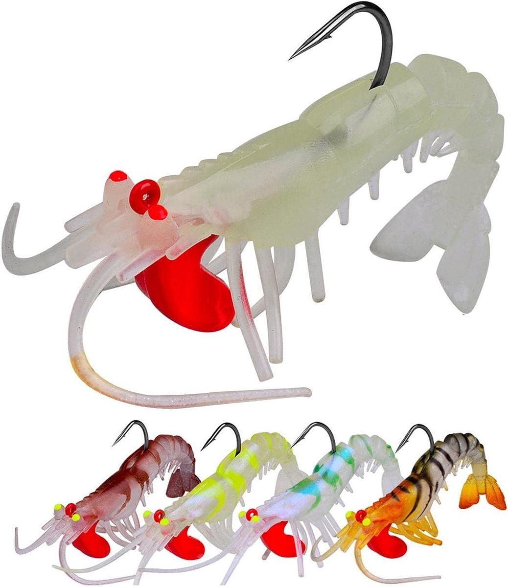 Garnalen Kunstaas Set - Zacht Vis Aas - Vissen Vangen - Scheurbestendig Materiaal - 5 Stuks 7.3 CM - Lichtgevend