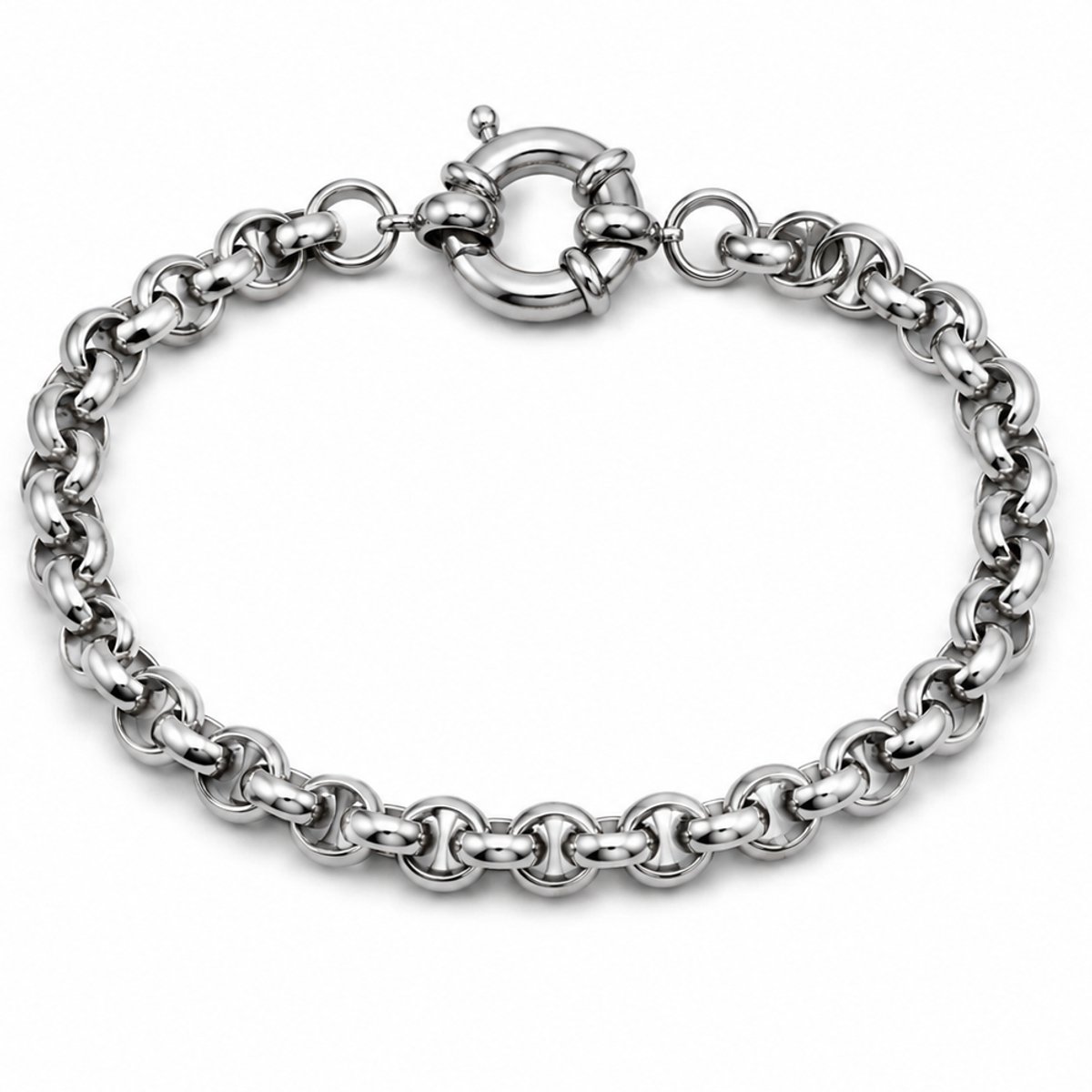 Mbrace Dames Armband 316L Edelstaal met Decoratieve Veerringsluiting – Hoogglans Schakelarmband – Luxe Tijdloos Design – Zilverkleurige Stalen Armband voor Dames
