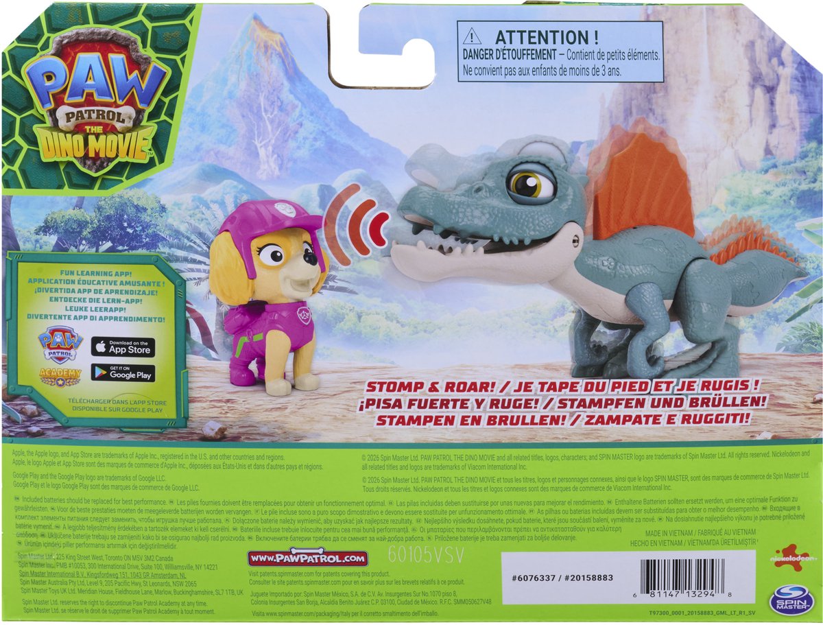 PAW Patrol - De Dino Film - Skye Roaring Pup Pals, bevat beweegbare speelgoeddinosaurus Spinosaurus van 12,7 cm met geactiveerde geluiden en Skye-actiefiguur — cadeau in Spellen & Speelgoed - foto 3