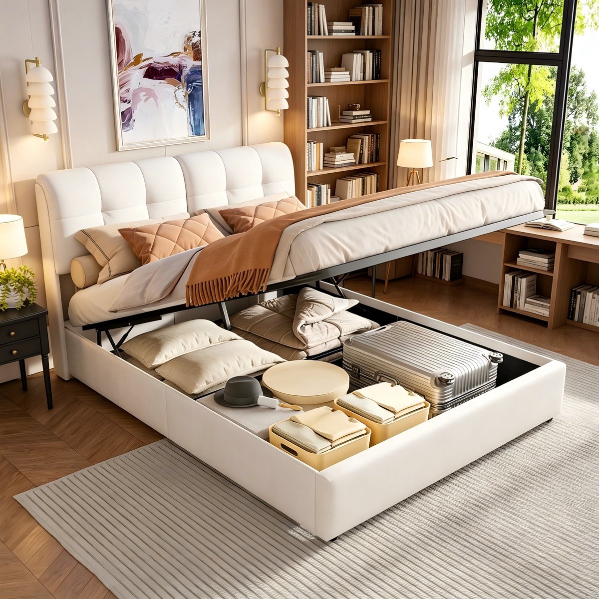 Tweepersoonsbed 160x200 cm met LED Verlichting – Gestoffeerd Opbergbed met Hydraulische Opbergruimte, Lattenbodem en Hoofdeinde – Fluweel Beige - zonder matras
