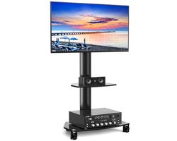 PromoHome TV Standaard op Wielen voor 27-65 Inch, Mobiele TV Standaard met Laptopplank, Hoogteverstelbaar, Zwart, 50 kg VESA 400x400 mm