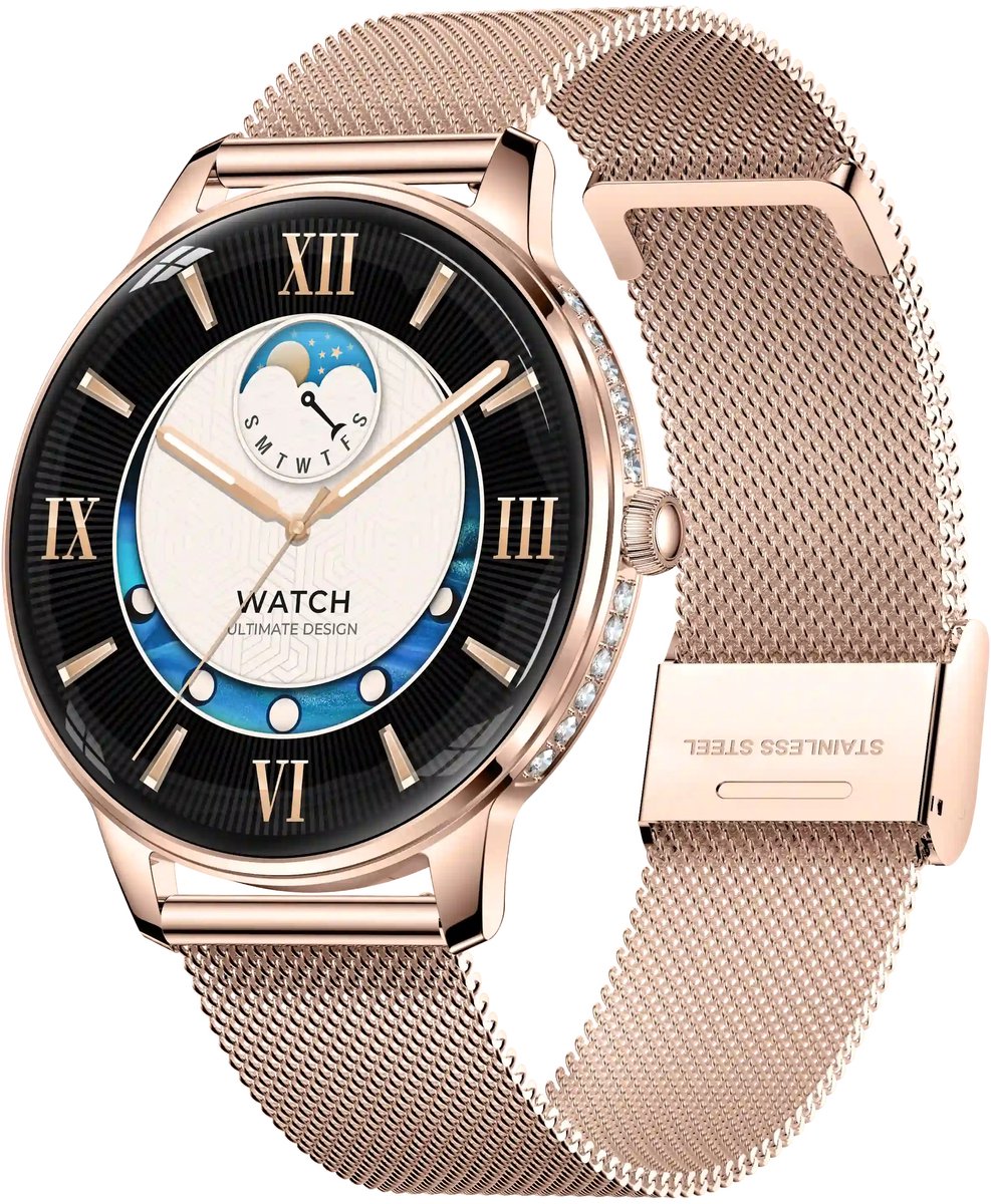 RAYOFI - Smartwatch - Nieuwe damessmartwatch 2026 - 1,57-inch sporthorloge - Met telefoonfunctionaliteit - Hartslagmeting - Volledig touchscreen - Vierkant ontwerp - Stijlvol damessporthorloge - Goud - Compatibel met Android 5.0+ / iOS 10.0+