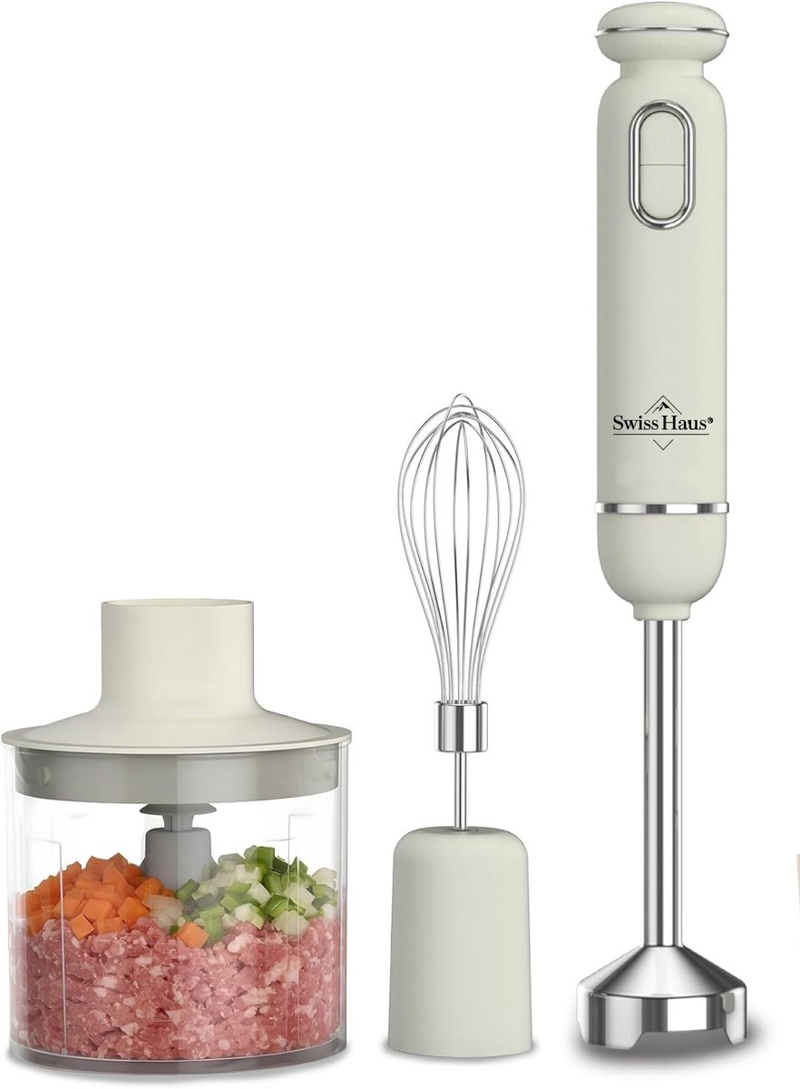 Swiss Haus® HBS20 Staafmixer Set 600W – Met Hakmolen 500ml & RVS Garde – Handblender met 20 Snelheden + Turbo Functie – Afneembare RVS Staaf – Creme