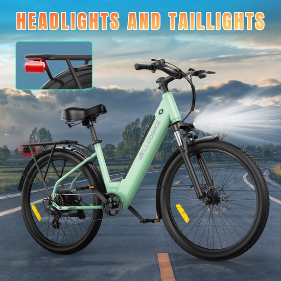 ALLGOBIKE AM27 27,5" Elektrische Fiets 250W 36V 15Ah - 7 Versnellingen - 50-100 km Actieradius - Stads- & Licht Offroadfiets - LED Display- Donkergroen — afbeelding 2