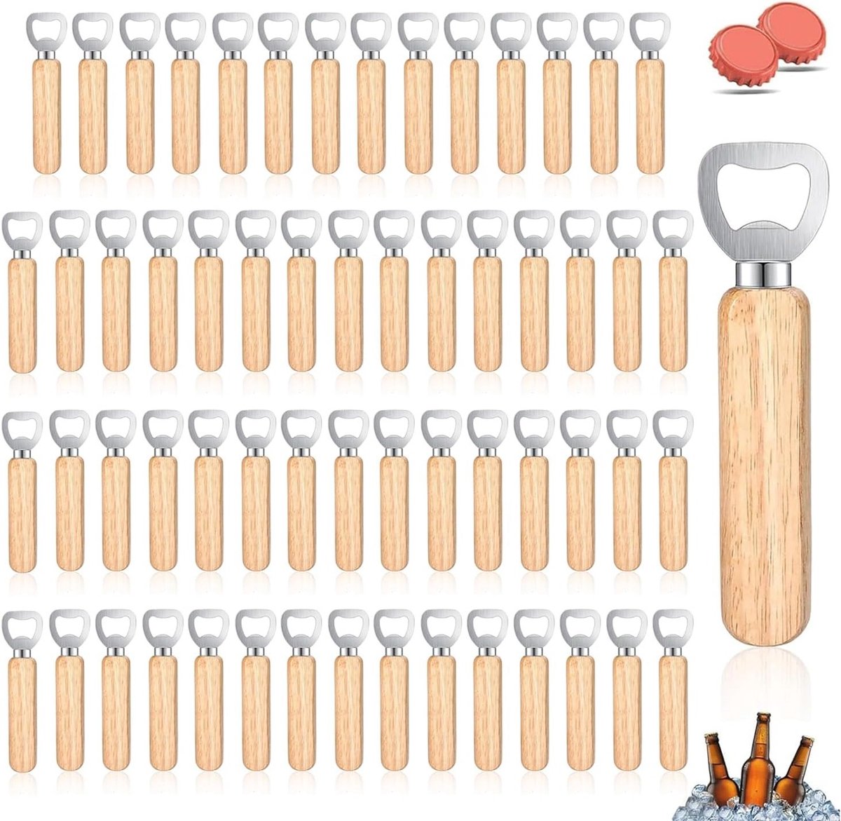Houten Flessenopeners, Draagbare Flessenopener voor Thuis, Keuken en Bar, Gepersonaliseerd met Handvat, Perfect voor Feestjes en Cadeaus (60 STUKS)