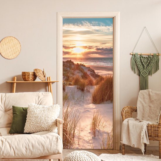 Sticker pour porte Dune - Plantes - Coucher de soleil - Plage - Mer - 85x215 cm - Affiche de porte