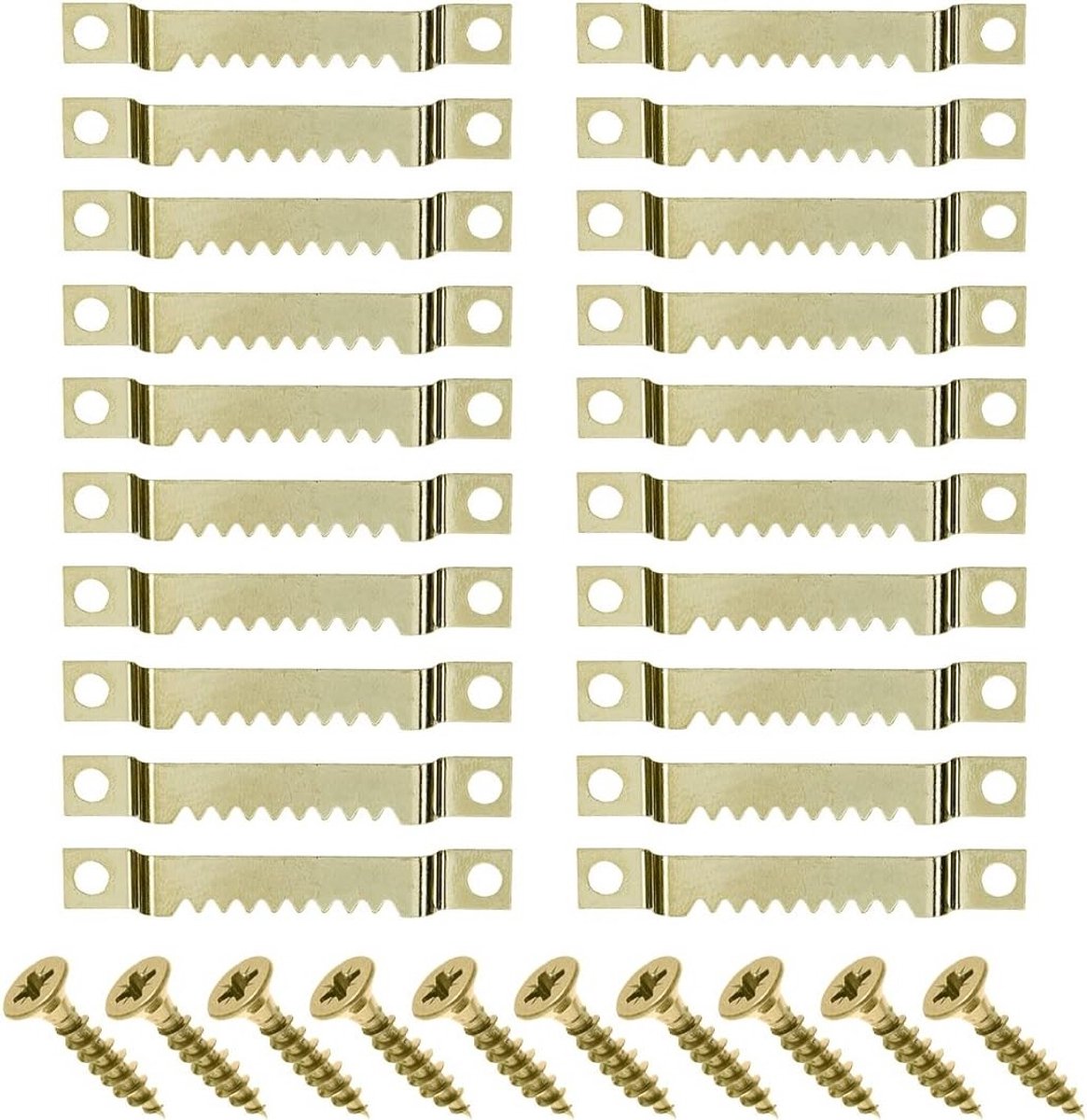 Complete set van 20 gouden messing gekartelde haken met schroeven voor ophangsystemen en fotokaders
