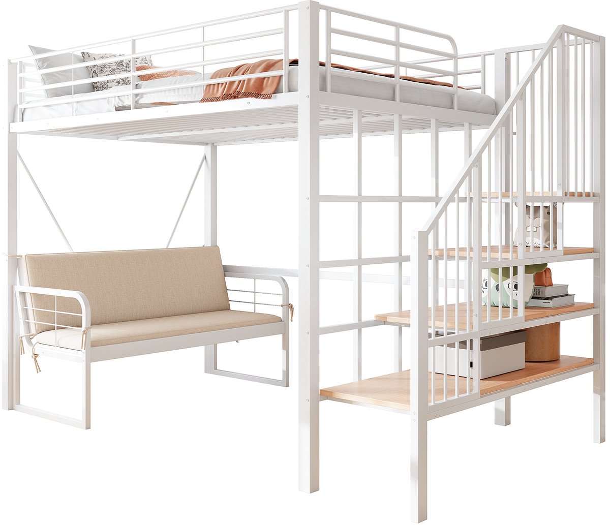 Merax Hoogslaper 140x200 met Trap en Opbergruimte - Metalen Bed met Zitbank - Wit