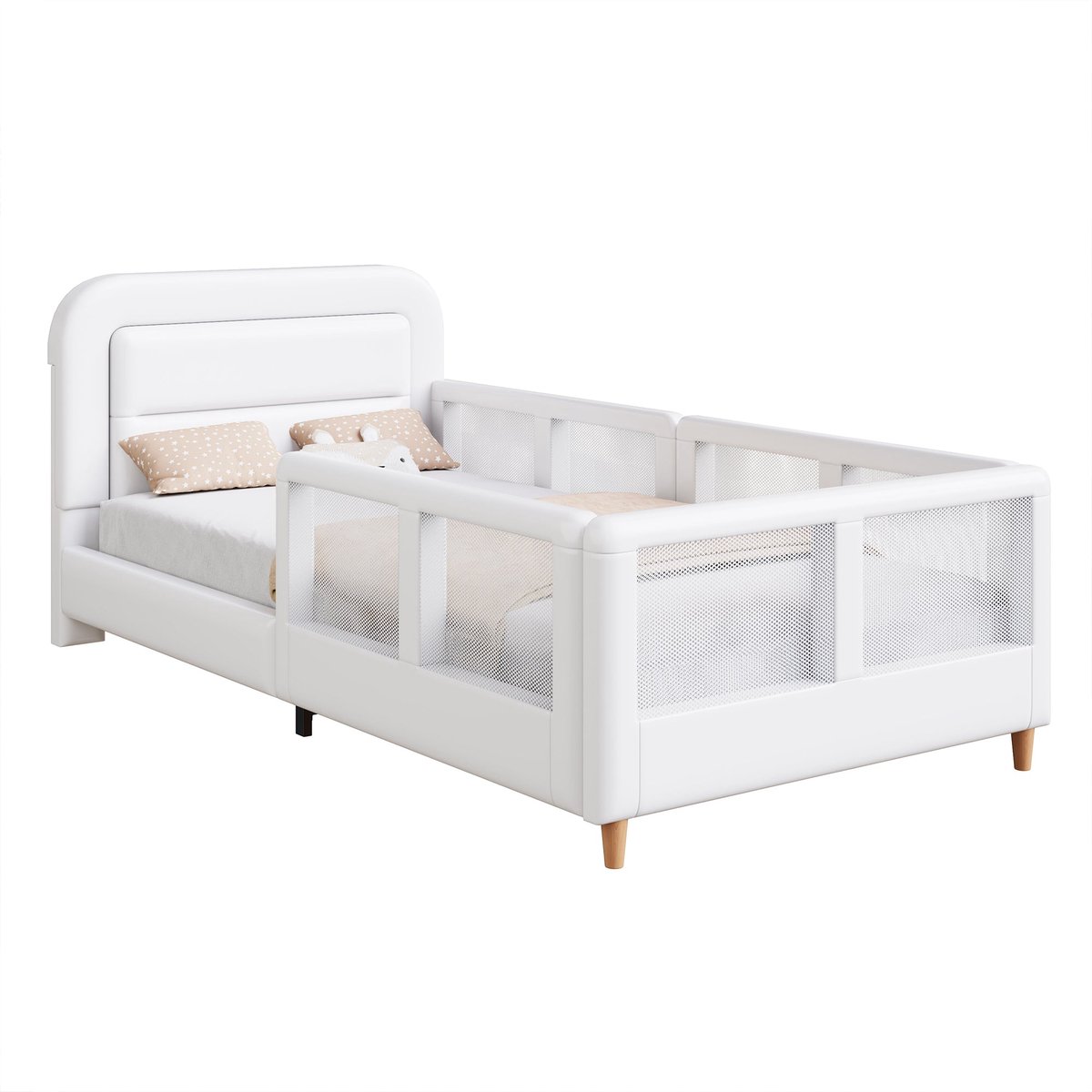 Merax Kunstleer Gestoffeerd Bed 90x200 cm - Kinderbed met Veiligheidshek - Wit