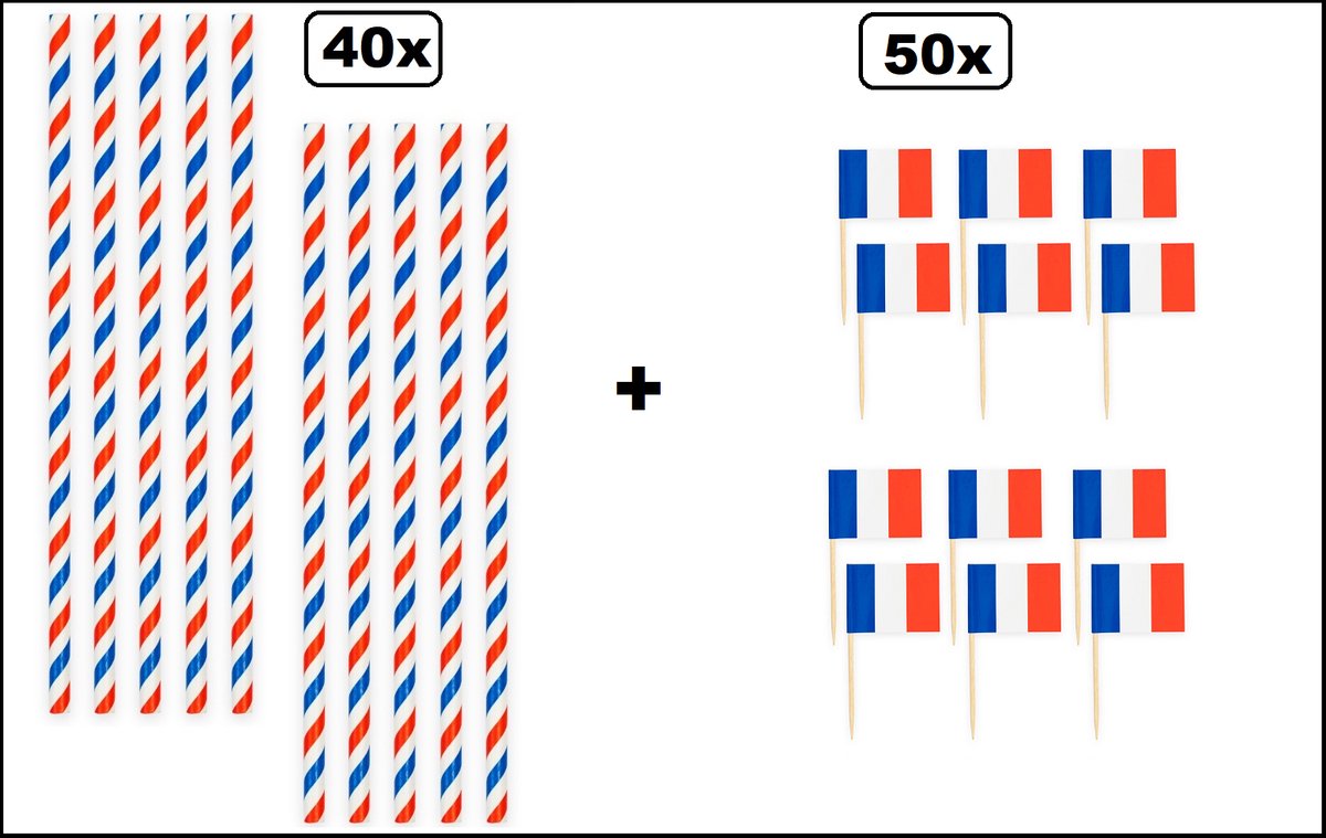 40x Papieren rietjes landen Frankrijk 20cm + 50x Cocktail vlag prikkers Frankrijk - France WK sport festival themafeest party