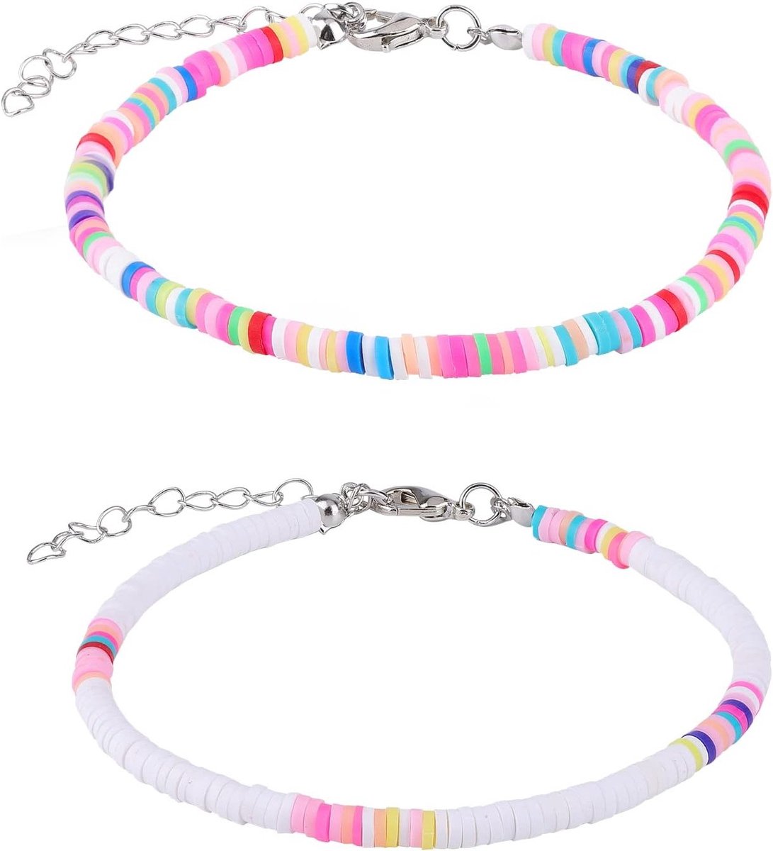 2 Stuks Bohemian Enkelsieraden, Zachte Aardewerk Boho Anklets met Kralen, Kleurrijke String voor Vrouwen en Meisjes (Wit, Multicolor)