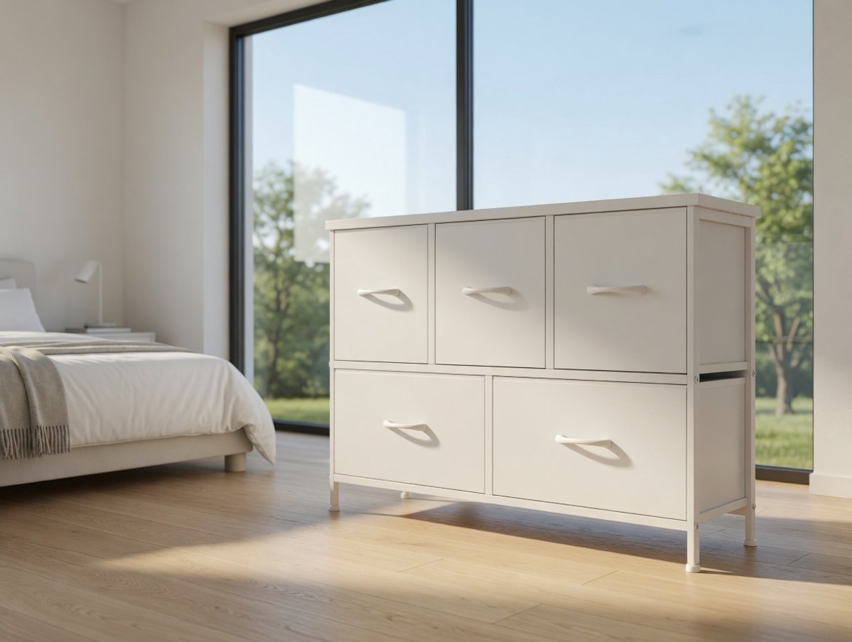 Moderne Stoffen Ladekast met 5 Lades – Ruime Commode met Stalen Frame – Opbergkast voor Slaapkamer, Woonkamer en Kinderkamer – Lichtgewicht Organizer 100 cm – Wit – Mobili Bella