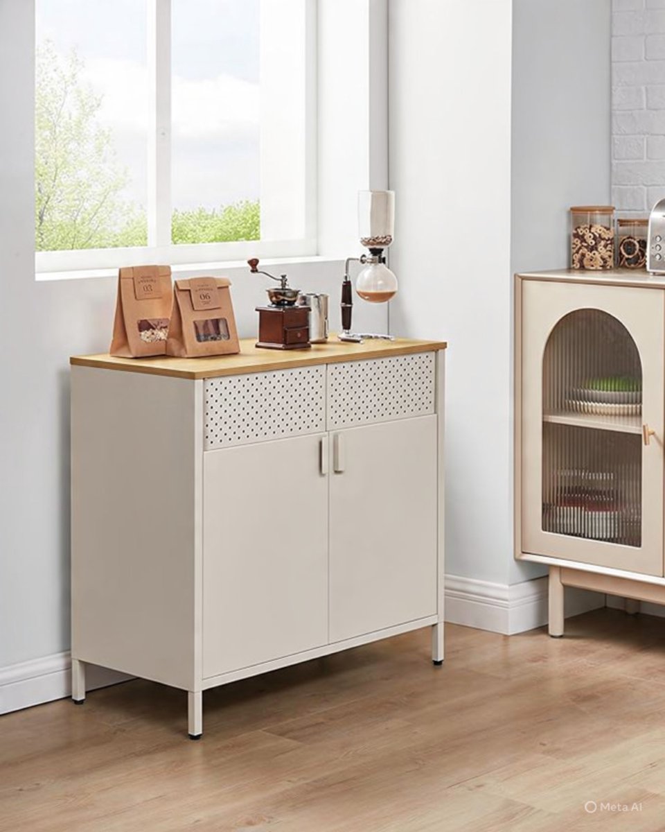 Industriële Metalen Opbergkast met Dubbele Deuren en Verstelbare Plank 80 cm Zandbeige Modern Sideboard Dressoir – Mobili Bella