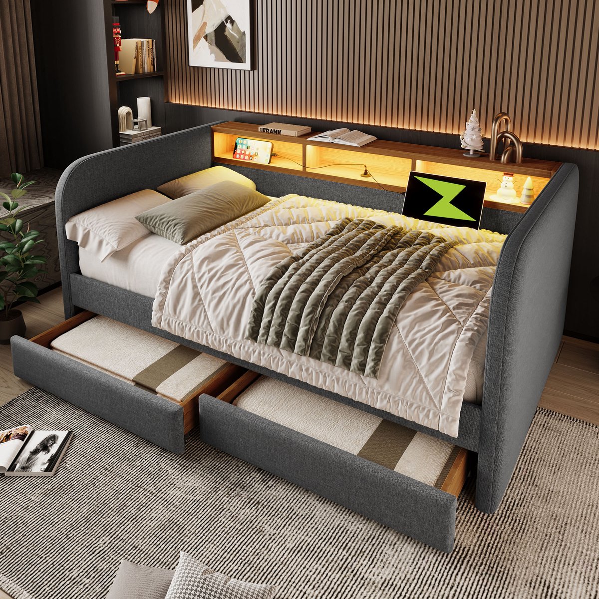 MODFU Gestoffeerd Bedframe – 140x190 cm – LED & USB – 2 Lades – Linnen – Grijs