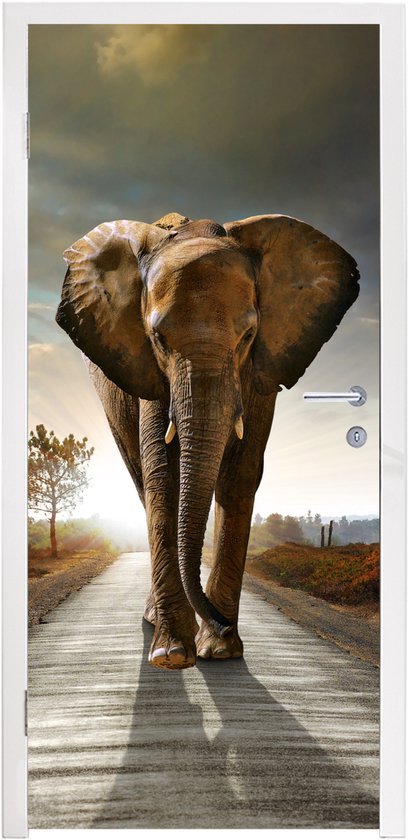 Deurposter 85x205 cm - Deursticker Olifant - Weg - Dieren - Zonsondergang - Landschap - Meubelfolie zelfklevend - Deurfolie woonkamer - Interieurfolie fotobehang - Deur plakfolie - Deurstickers - Deurbehang sticker - Kamer decoratie