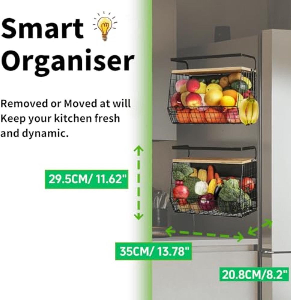 2 Magnetische hangende fruitmanden met deksel - Kruidenrek zonder boren - Keukenorganizer voor koelkast - Zwart - Draagvermogen 16 kg per mand
