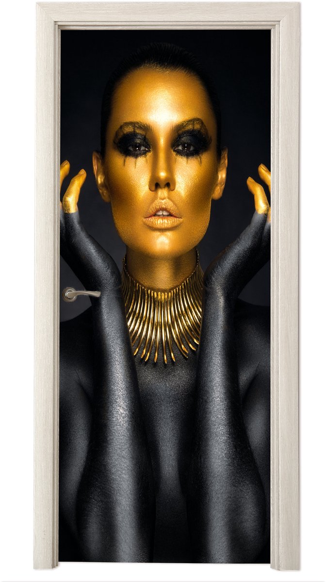 Deurposter 85x205 cm - Deursticker Vrouw - Portret - Goud - Luxe - Zwart - Meubelfolie zel