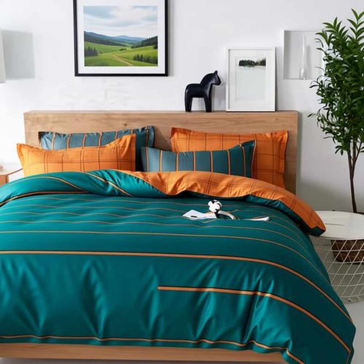 3-delige microvezel beddengoedset 220x240 cm - gestreept dekbedovertrek met ritssluiting en 2 kussenslopen 50x75 cm - oranje - strijkvrij en wasbaar op 40°C