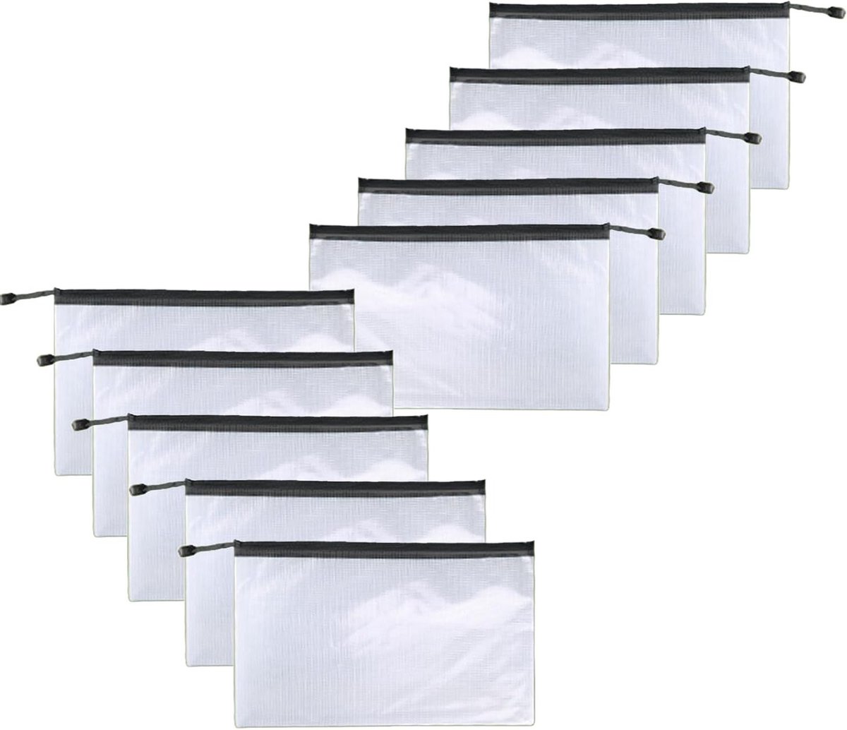 Waterdichte zwarte mesh plastic zakken met rits voor het opbergen van documenten, boeken en andere spullen - set van 10 stuks