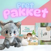 Grijze knuffelwolf naast een kinderboek "Noa en de weg naar zindelijkheid" en een "Zindelijkheidsbox".