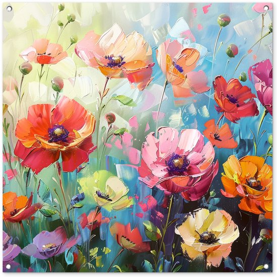 Tuinposter 100x100 cm - Tuindecoratie Bloemen - Kleurrijk - Waterverf - Natuur - Zomer - Poster voor in de tuin - Buiten decoratie - Schutting tuinschilderij - Tuindoek muurdecoratie - Wanddecoratie balkondoek