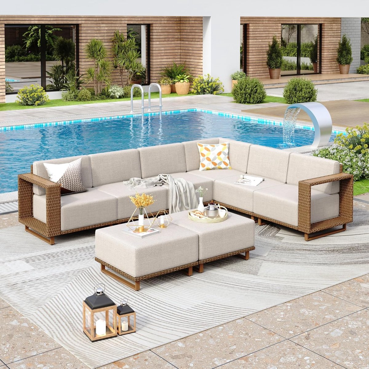 Rotan Tuinmeubelset 8-Zits Modulaire Loungeset – Grote Tuinbank Set voor Tuin, Terras & Balkon – 2,69 x 2,06 x 0,67 m – Outdoor Sofa Set met Dikke Witte Kussens & Ergonomisch Design – Nicolehome
