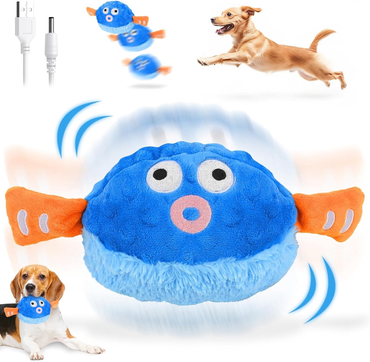 Interactief huisdierspeelgoed – Elektrische pluche bal – Schattig kogelvisontwerp – Met geluids- en roleffecten – Bijtbestendige stoffen hoes – USB-oplaadbaar – Geschikt voor katten en kleine tot middelgrote honden - Verlicht verveling