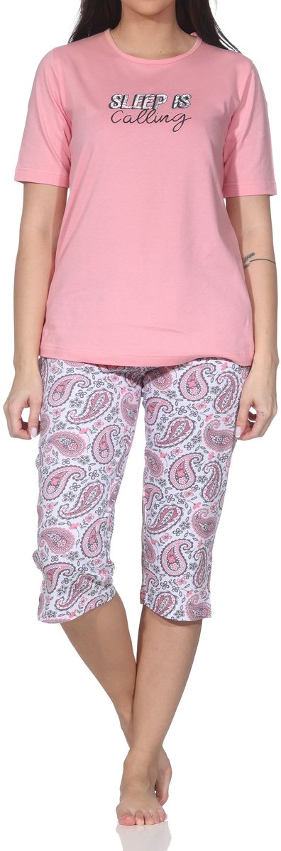 Normann dames capri pyjama korte mouw met frontprint & paisley ook in grote maten roze