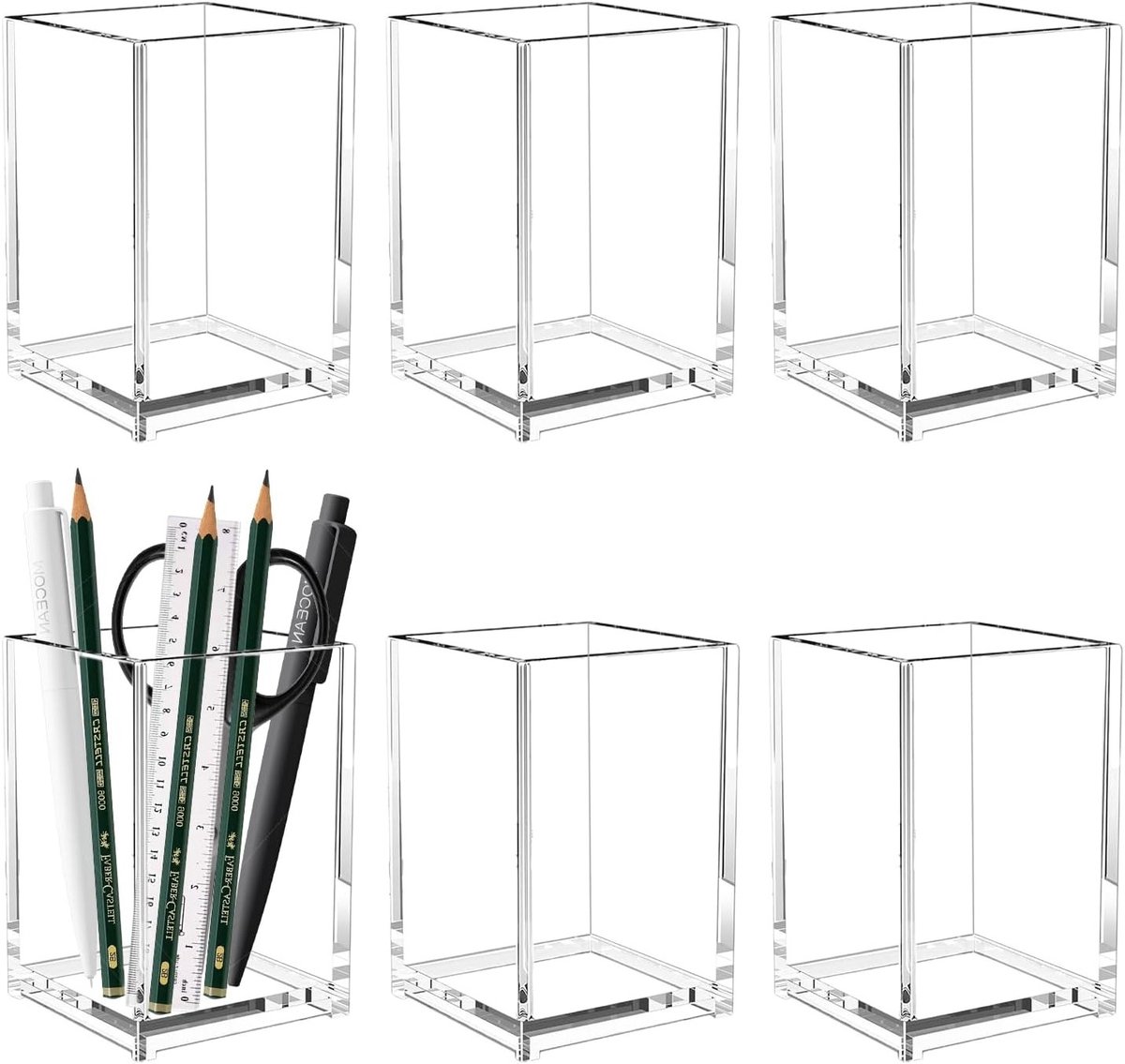 Set van 6 Transparante Acryl Pennenhouders - Organiser voor School, Thuis en Kantoor - Vierkante Make-up Borstelhouder en Potloodhouder 6.5x6.5x10cm
