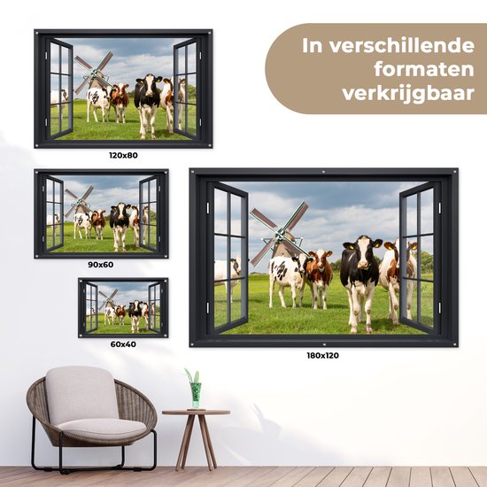 Affiche de jardin Transparente - Vache - Moulin - Vaches - Pâturage - Herbe - Vert - 130x80 cm