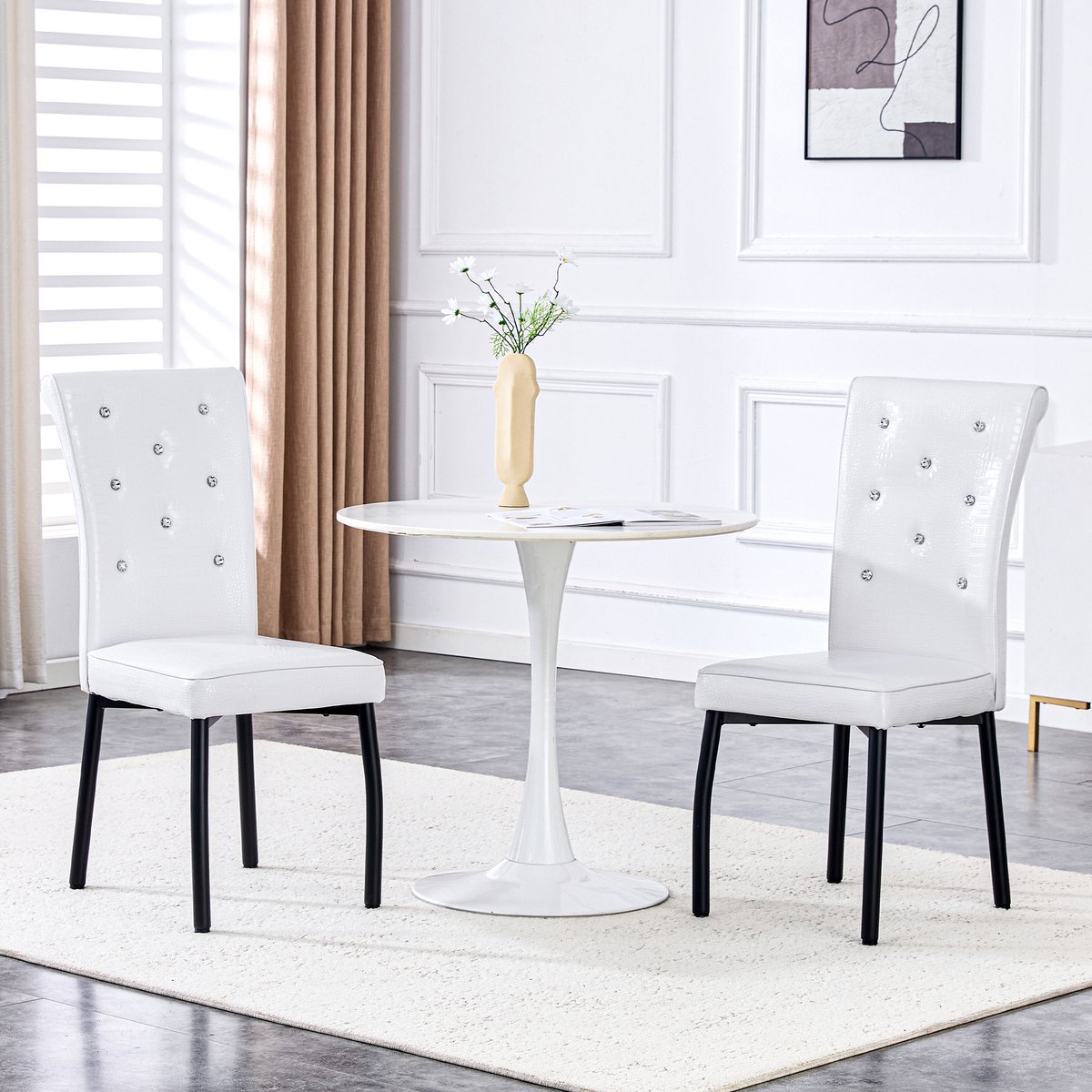 MIVRAY Eetkamerstoel Set Van 2 - Retro Design Met Kristalknopen - Voor Eetkamer En Keuken - Metaal En PVC - Zwart Wit Wit+Zwart