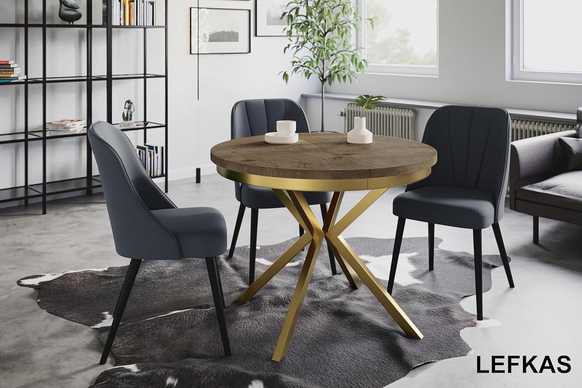 Luxe Uitschuifbare Ronde Eettafel Ø90–170 cm met Gouden Metalen Poten – Moderne Ruimtebesparende Dining Table voor 4-6 Personen – Donkerbruin Houtlook Design