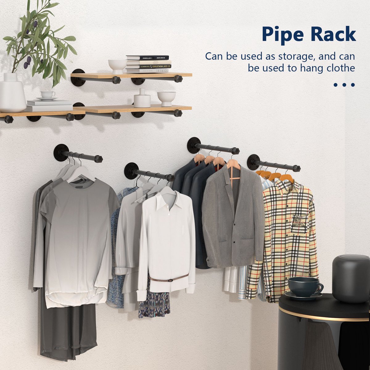 SERALUXE - Kledingstang van 4 stuks, 30cm Zwart - Kledingrek van industriële buizen - Wandmontage - Garderoberek - Kledingstangen voor aan de muur - Hangrek - Garderobe Stang - Kledingrek - Gordijnroede - Kledingrekken voor commerciële winkelboetieks