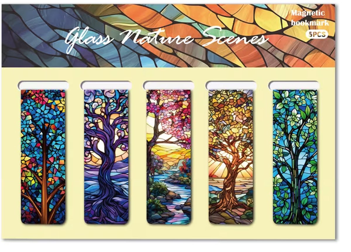 Magnetische Boekenleggers - Set van 5 - Glas-in-Lood Design - Natuur & Bomen - Cadeau voor Lezers Viwado®